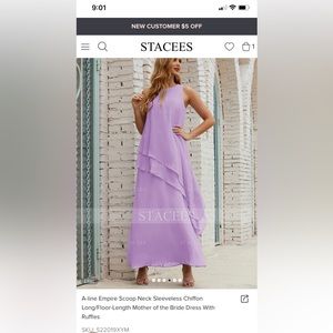 Stacees A line empire scoop neck sleeveless chiffon dress. Color Wisteria
